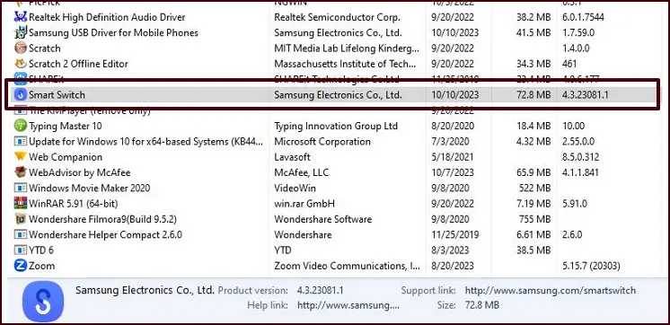 Samsung Smart Switch in the list of installed in windows